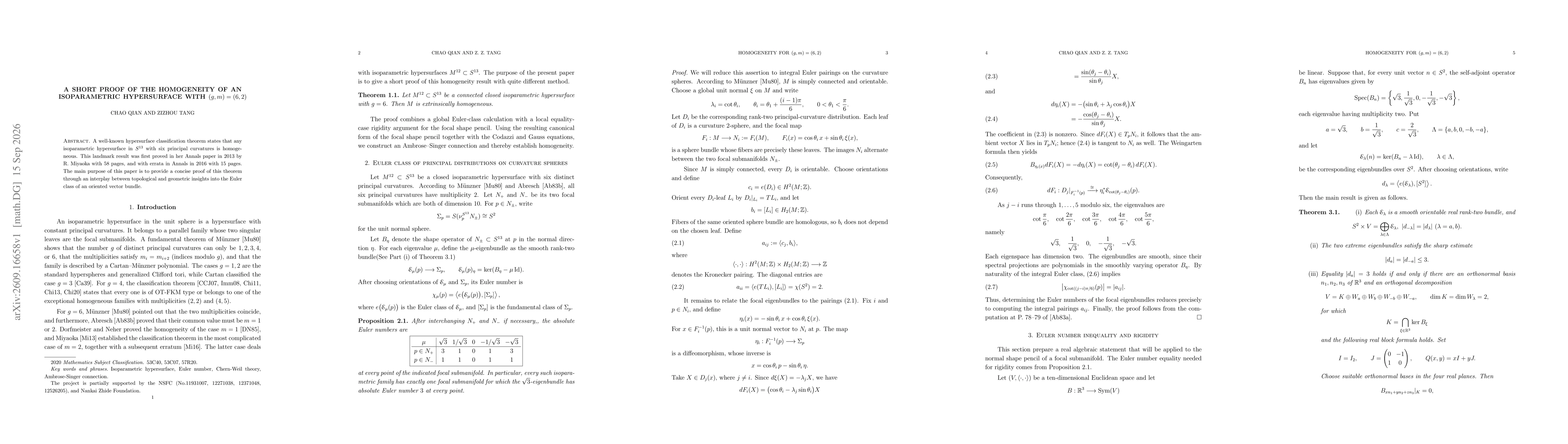 Thumbnail for A short proof of the homogeneity of an isoparametric hypersurface with $(g, m)=(6, 2)$
