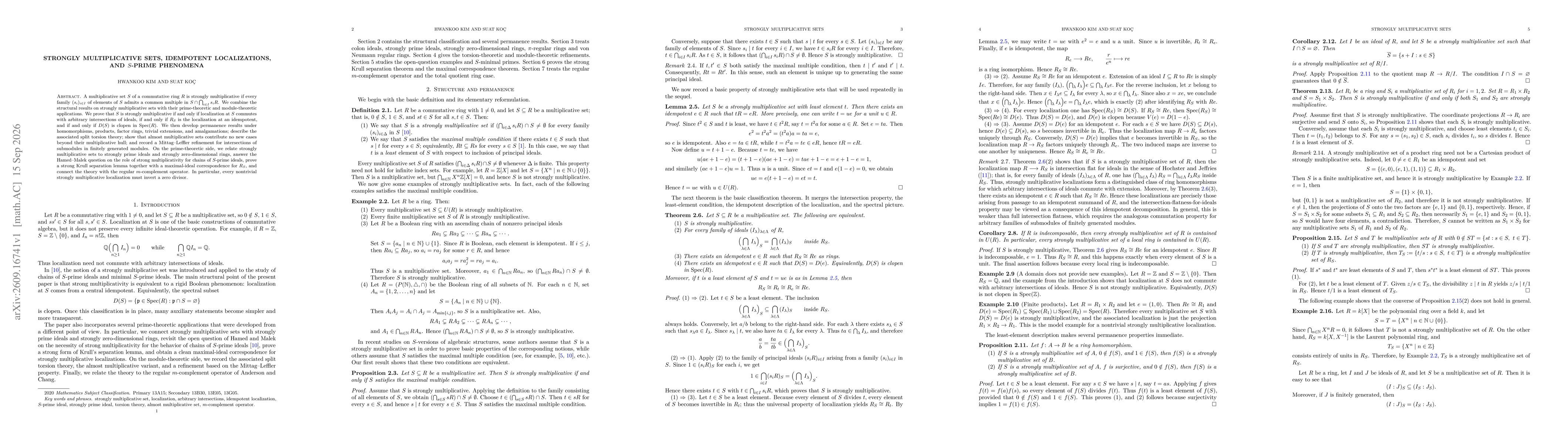 Thumbnail for Strongly multiplicative sets, idempotent localizations, and $S$-prime phenomena