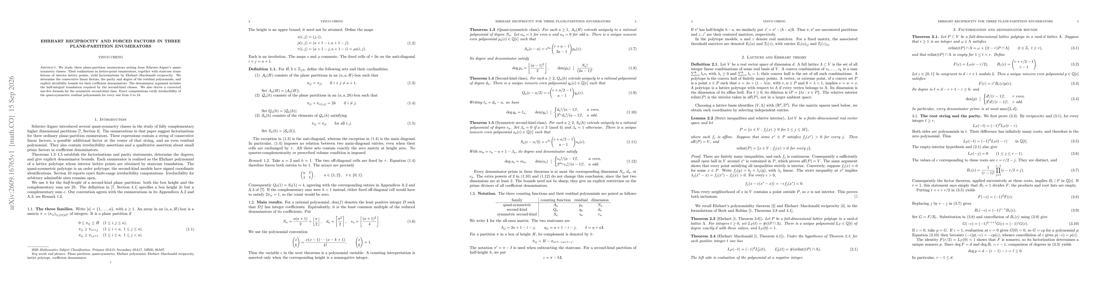Thumbnail for Ehrhart reciprocity and forced factors in three plane-partition enumerators