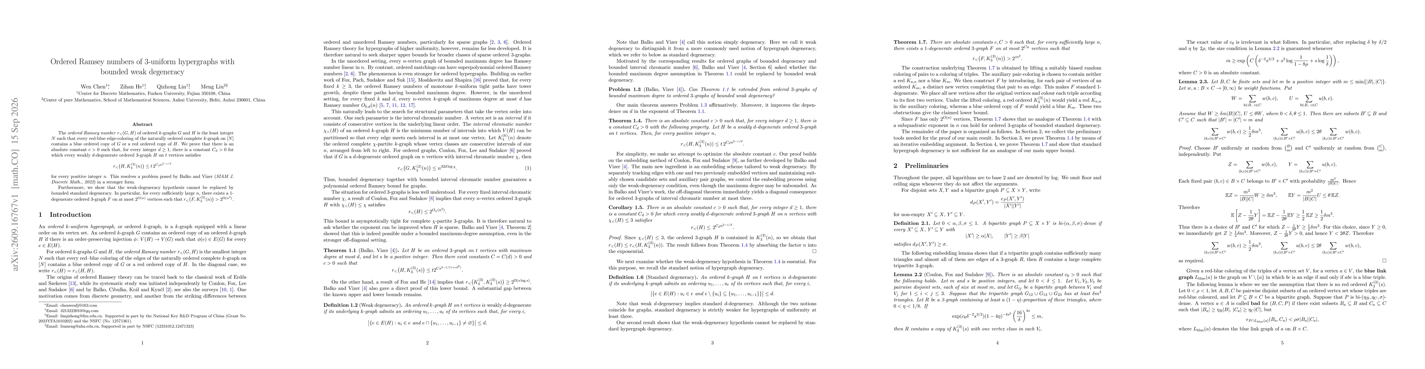 Thumbnail for Ordered Ramsey numbers of 3-uniform hypergraphs with bounded weak degeneracy