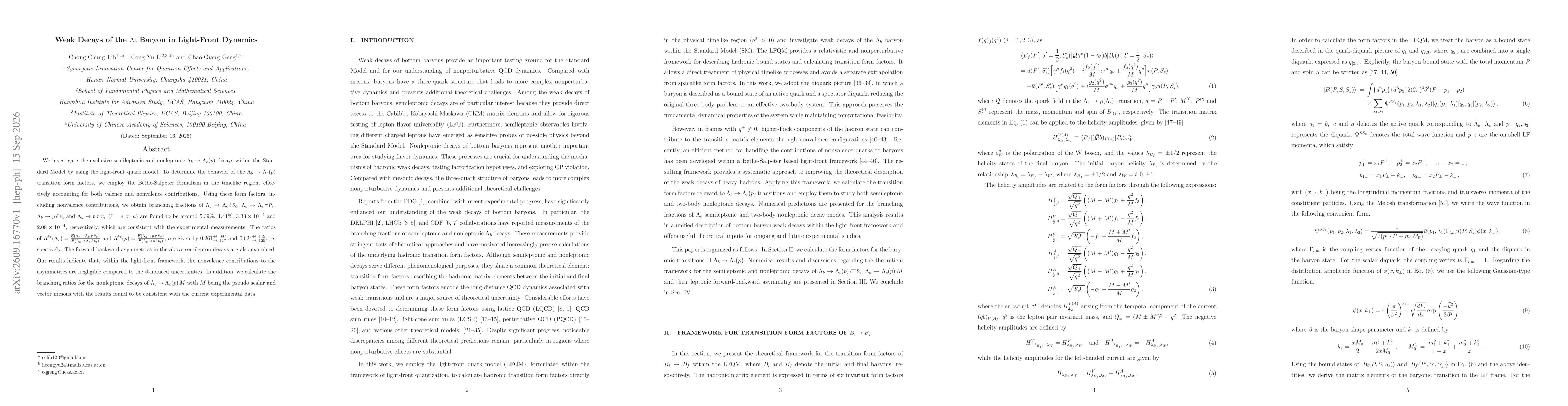 Thumbnail for Weak Decays of the $Λ_{b}$ Baryon in Light-Front Dynamics