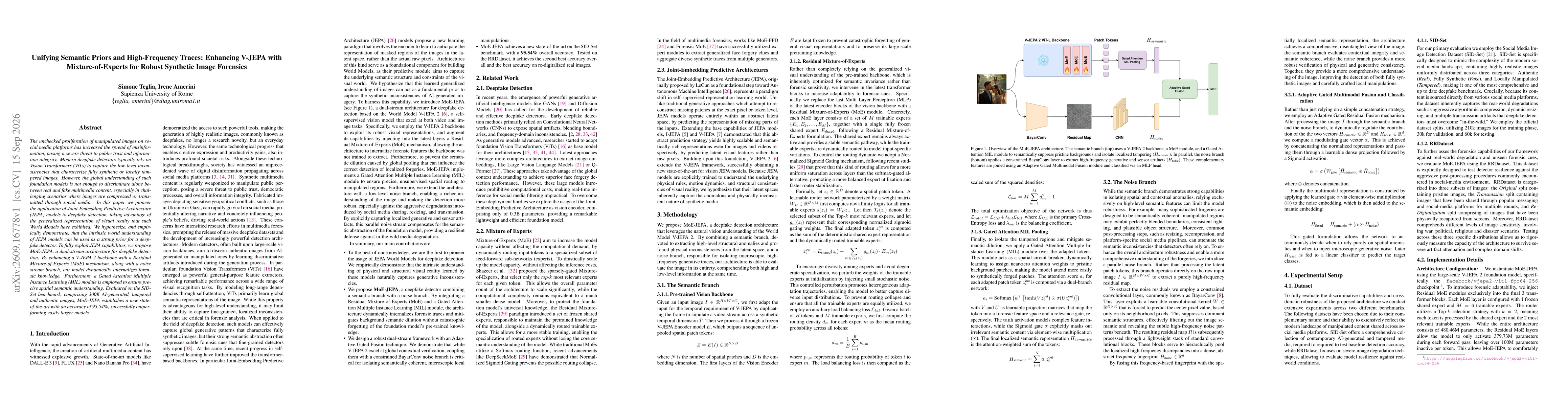 Thumbnail for Unifying Semantic Priors and High-Frequency Traces: Enhancing V-JEPA with Mixture-of-Experts for Robust Synthetic Image Forensics