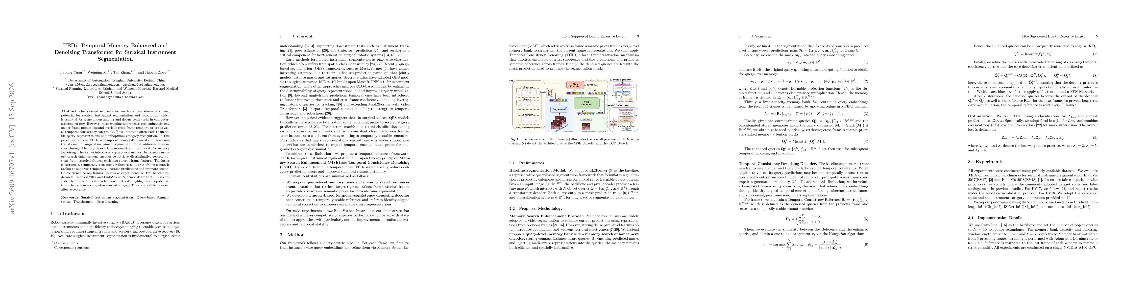 Thumbnail for TEDi: Temporal Memory-Enhanced and Denoising Transformer for Surgical Instrument Segmentation