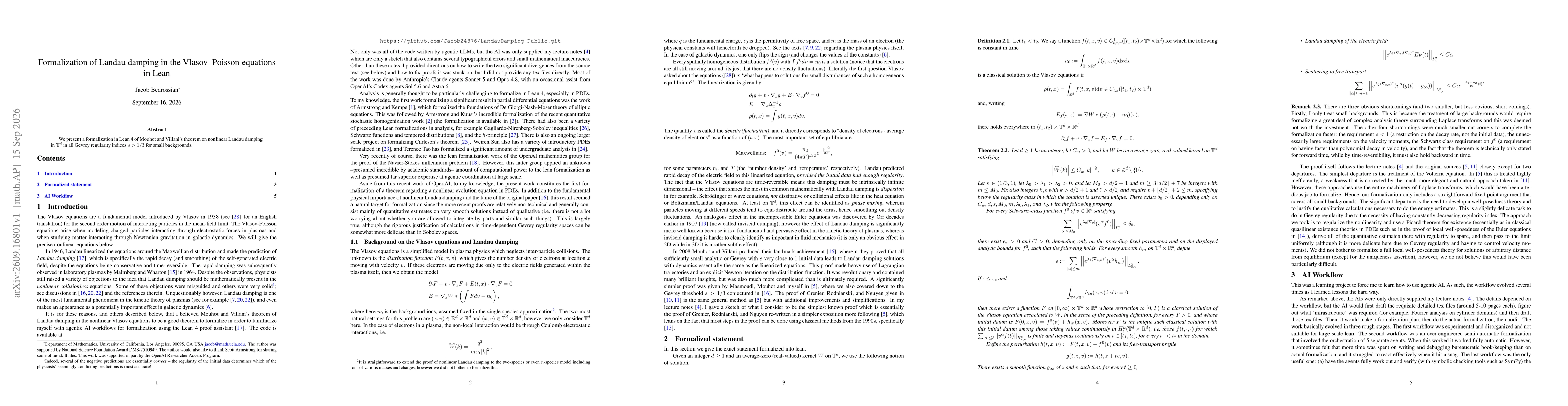 Thumbnail for Formalization of Landau damping in the Vlasov--Poisson equations in Lean
