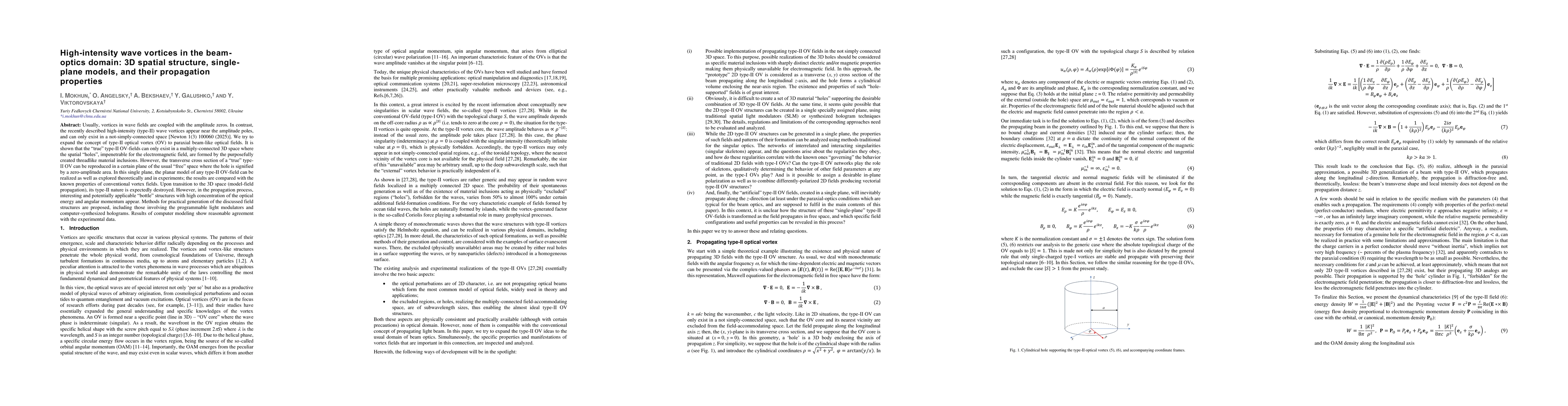 Thumbnail for High-intensity wave vortices in the beamoptics domain: 3D spatial structure, singleplane models, and their propagation properties