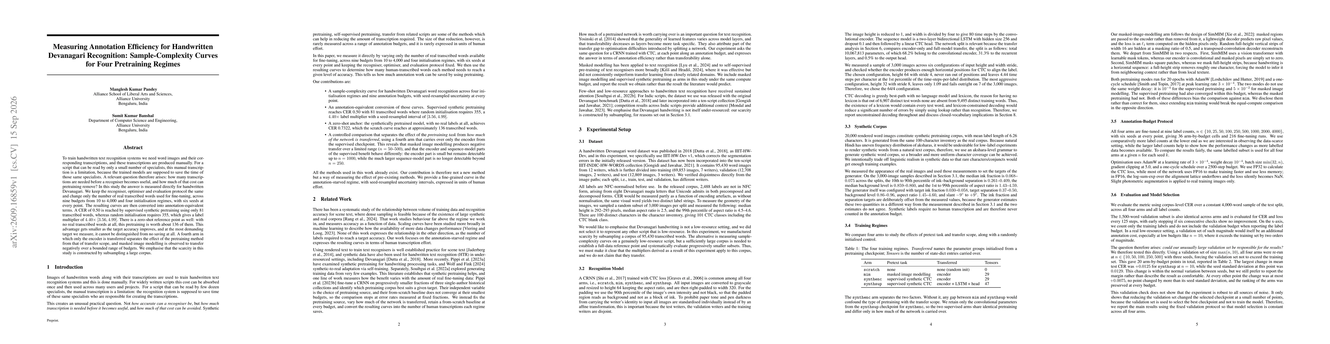 Thumbnail for Measuring Annotation Efficiency for Handwritten Devanagari Recognition: Sample-Complexity Curves for Four Pretraining Regimes