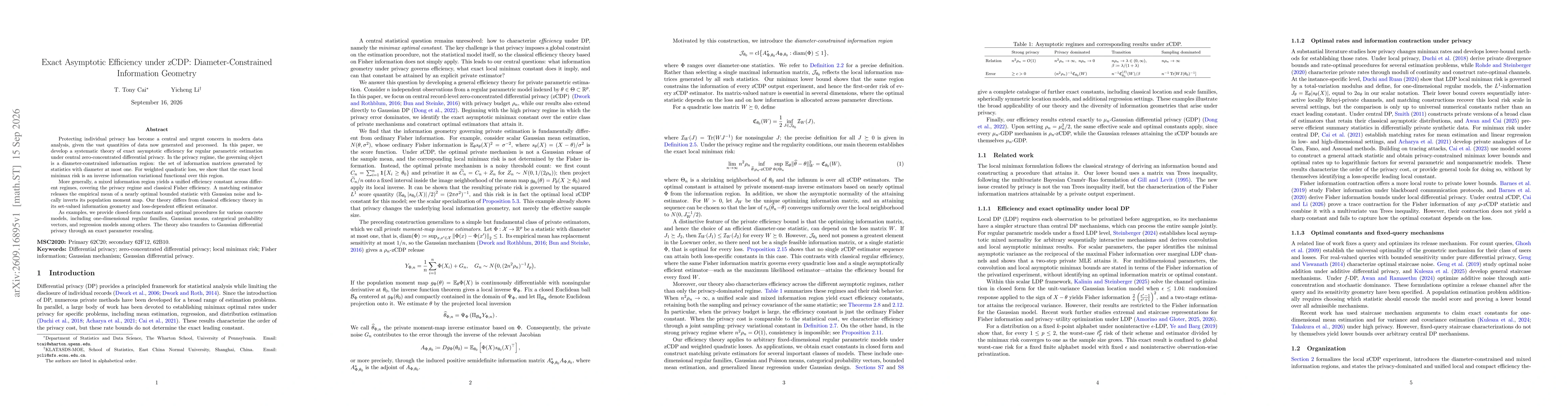 Thumbnail for Exact Asymptotic Efficiency under zCDP: Diameter-Constrained Information Geometry
