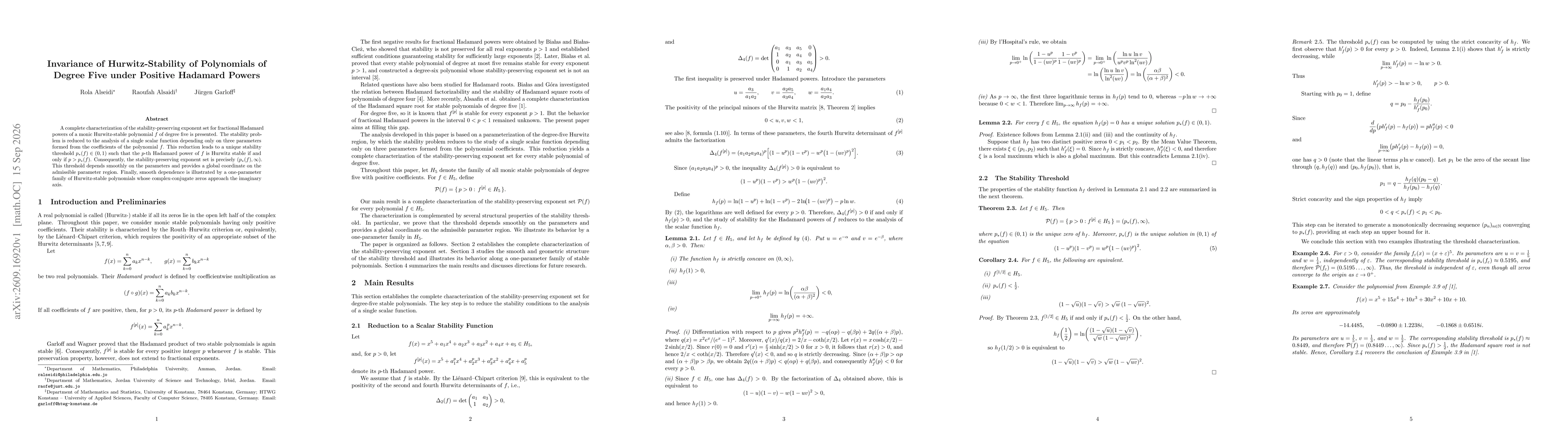 Thumbnail for Invariance of Hurwitz-Stability of Polynomials of Degree Five under Positive Hadamard Powers