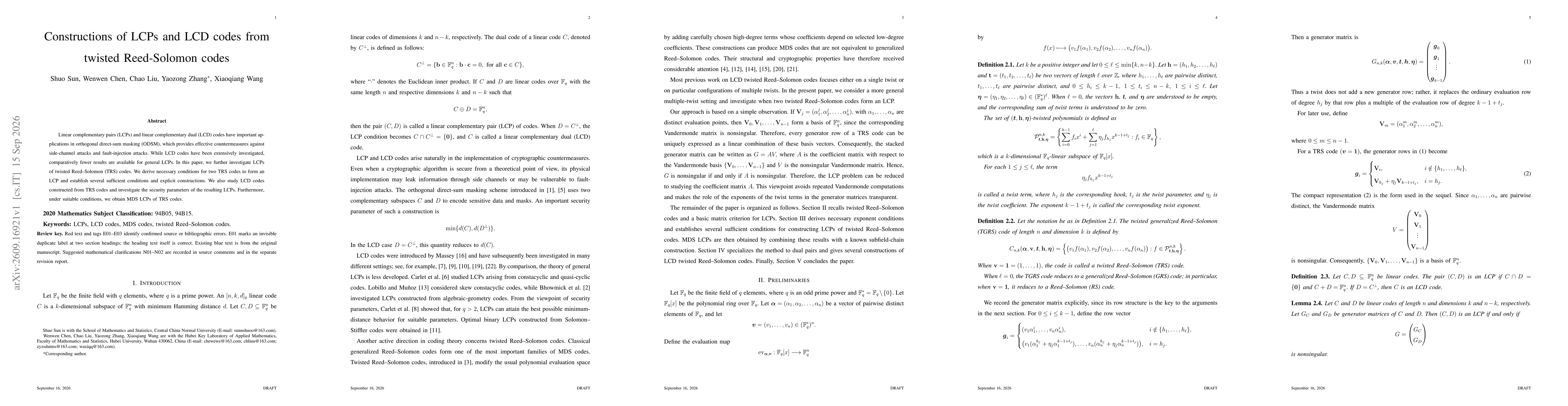 Thumbnail for Constructions of LCPs and LCD codes from twisted Reed-Solomon codes