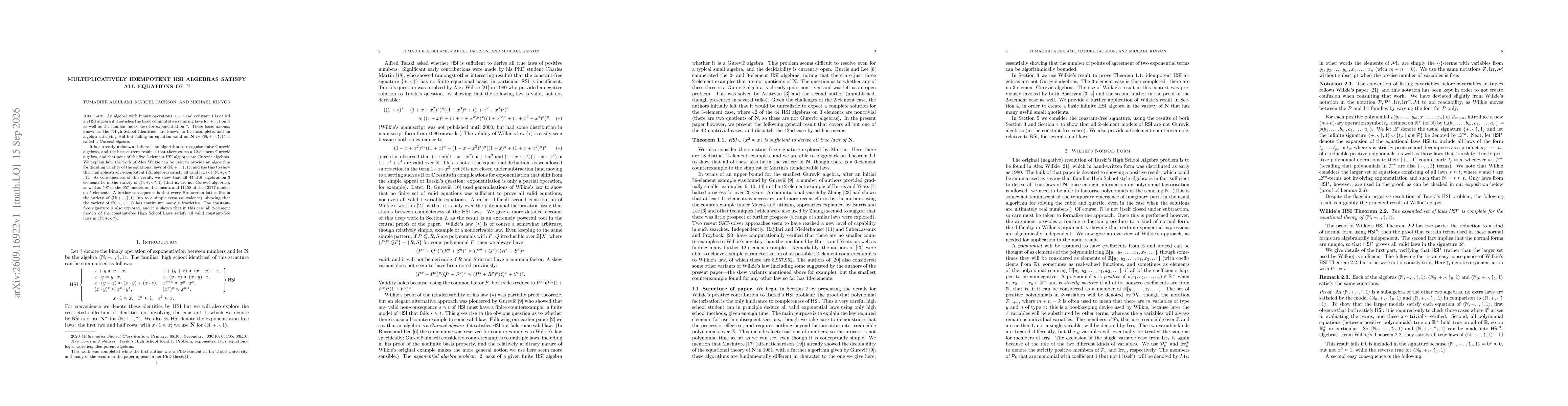 Thumbnail for Multiplicatively idempotent HSI algebras satisfy all equations of $\mathbb{N}$