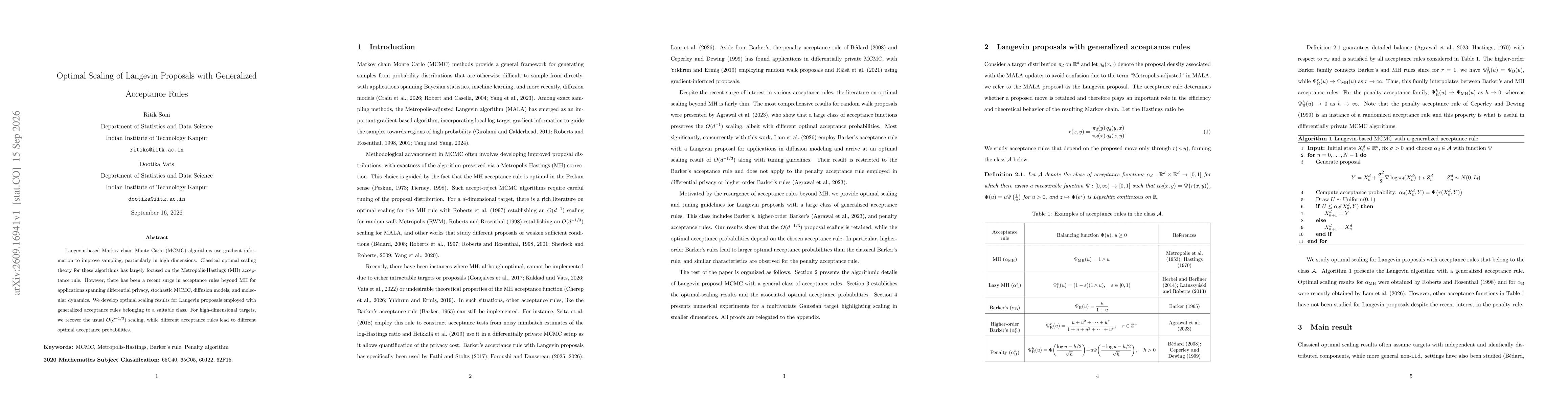 Thumbnail for Optimal Scaling of Langevin Proposals with Generalized Acceptance Rules