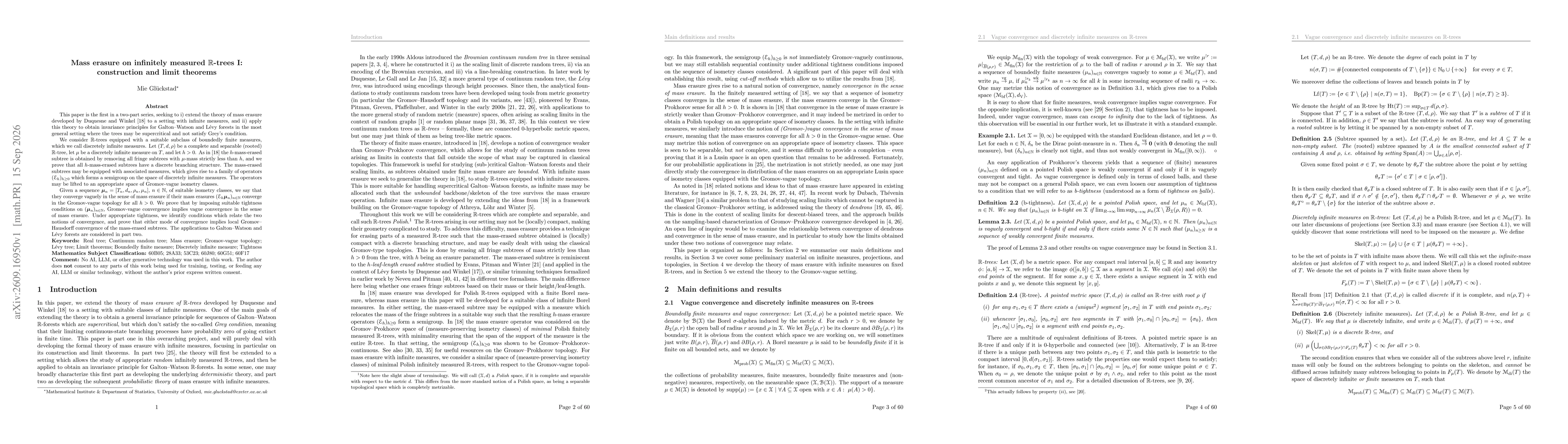 Thumbnail for Mass erasure on infinitely measured $\mathbb{R}$-trees I: construction and limit theorems