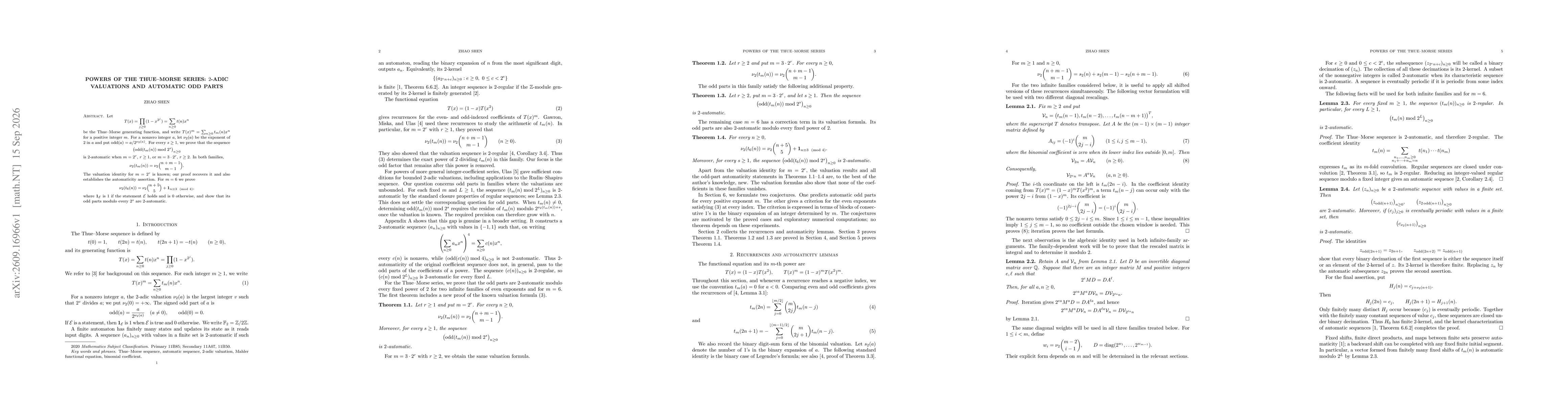 Thumbnail for Powers of the Thue--Morse Series: 2-Adic Valuations and Automatic Odd Parts