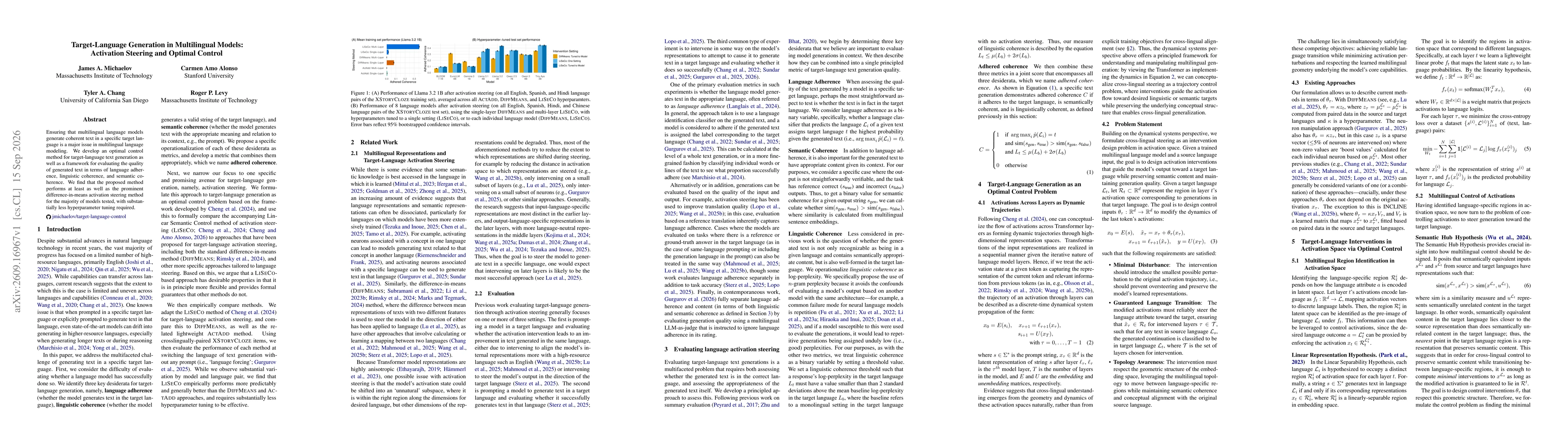 Thumbnail for Target-Language Generation in Multilingual Models: Activation Steering and Optimal Control