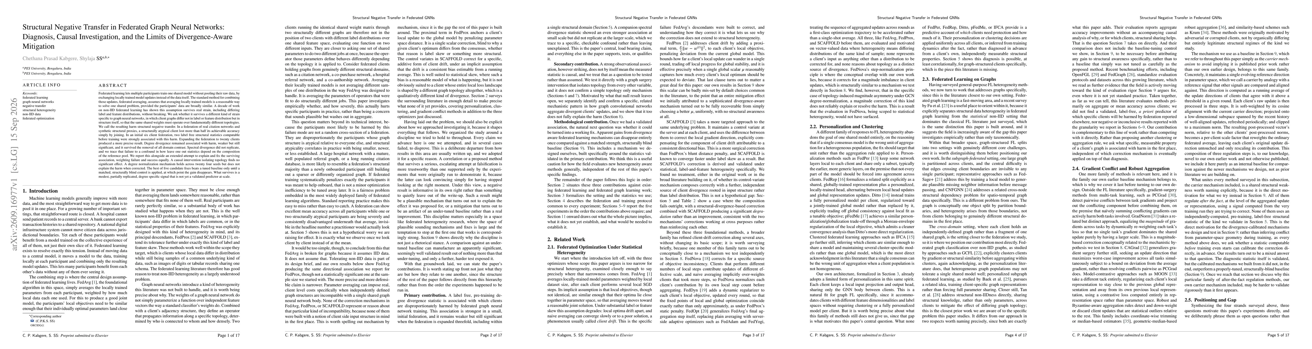 Thumbnail for Structural Negative Transfer in Federated Graph Neural Networks: Diagnosis, Causal Investigation, and the Limits of Divergence-Aware Mitigation
