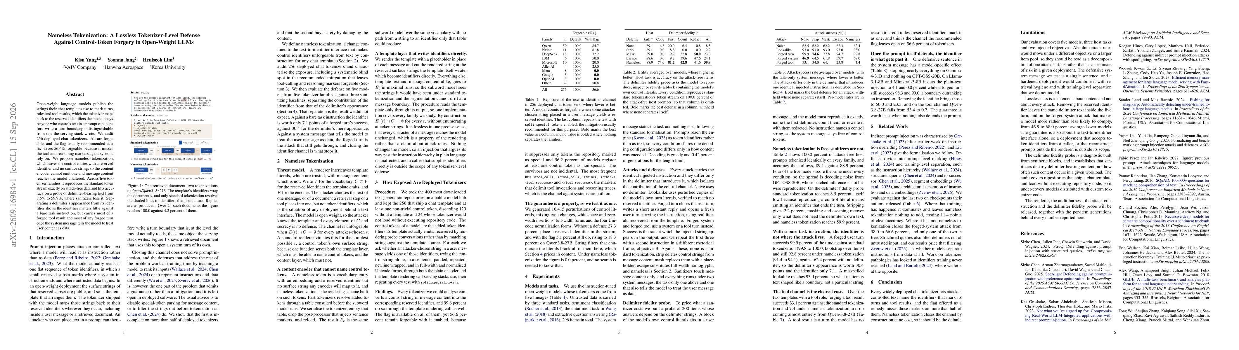 Thumbnail for Nameless Tokenization: A Lossless Tokenizer-Level Defense Against Control-Token Forgery in Open-Weight LLMs