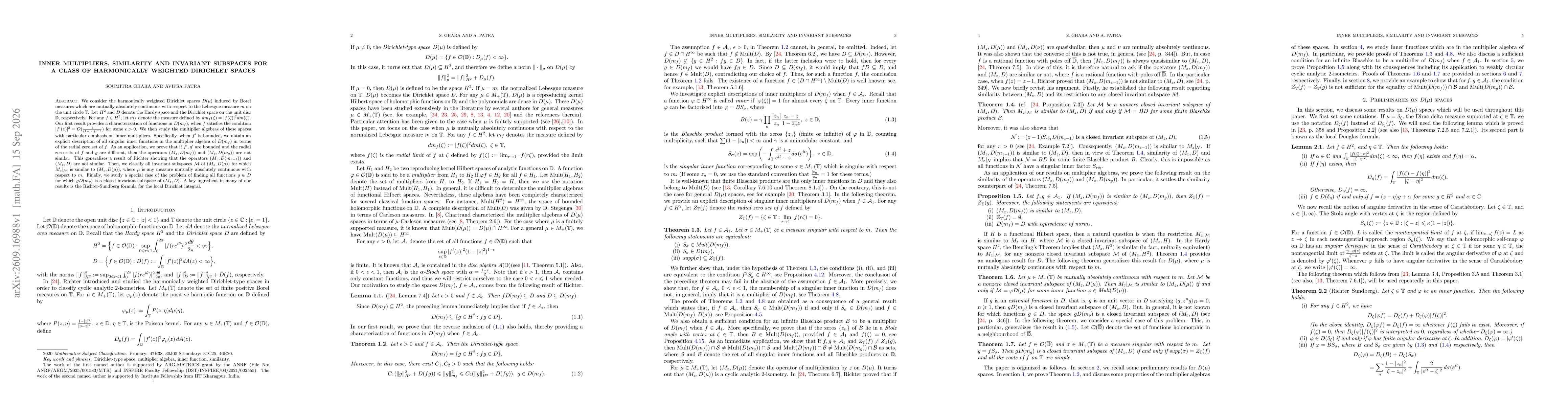 Thumbnail for Inner multipliers, similarity and invariant subspaces for a class of Harmonically weighted Dirichlet spaces