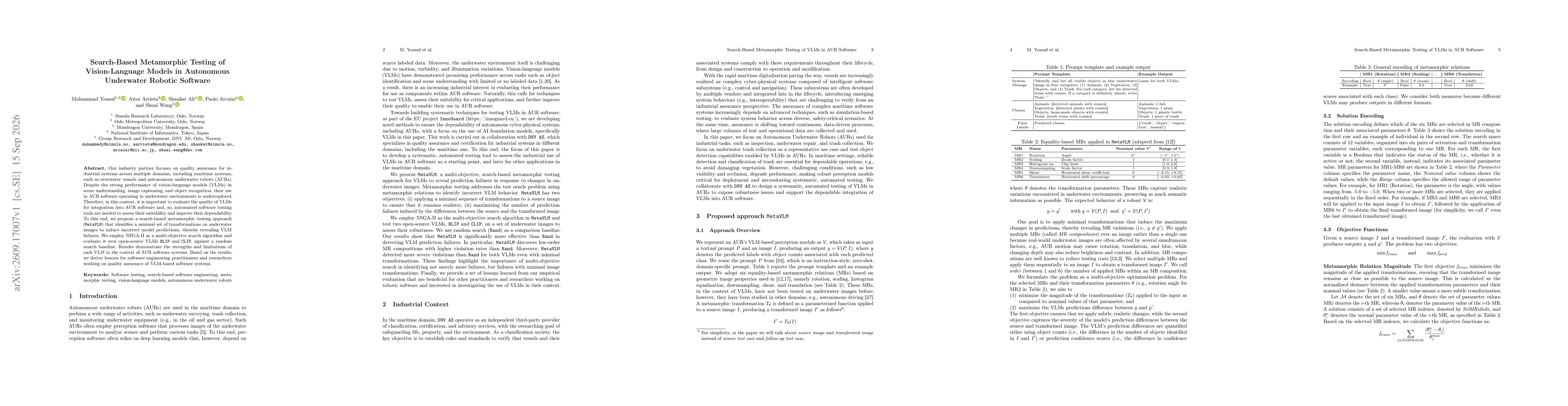 Thumbnail for Search-Based Metamorphic Testing of Vision-Language Models in Autonomous Underwater Robotic Software