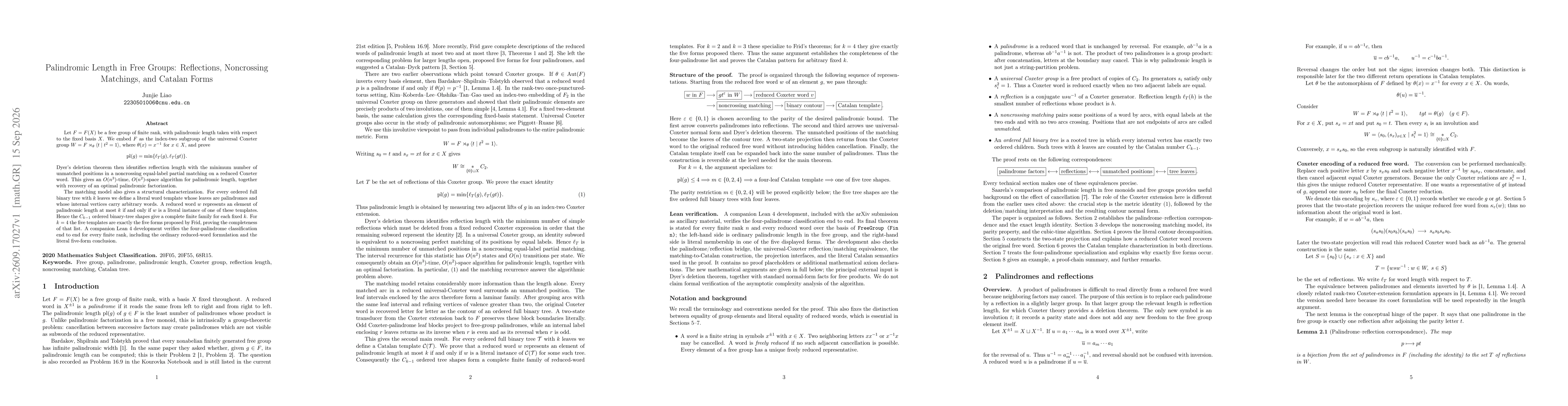 Thumbnail for Palindromic Length in Free Groups: Reflections, Noncrossing Matchings, and Catalan Forms