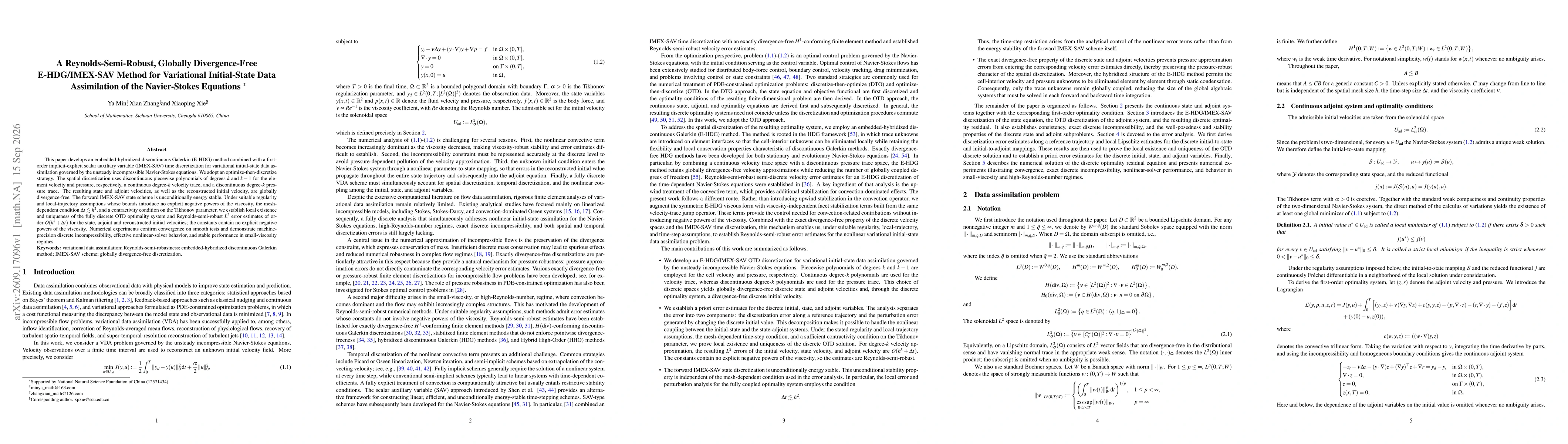 Thumbnail for A Reynolds-Semi-Robust, Globally Divergence-Free E-HDG/IMEX-SAV Method for Variational Initial-State Data Assimilation of the Navier-Stokes Equations