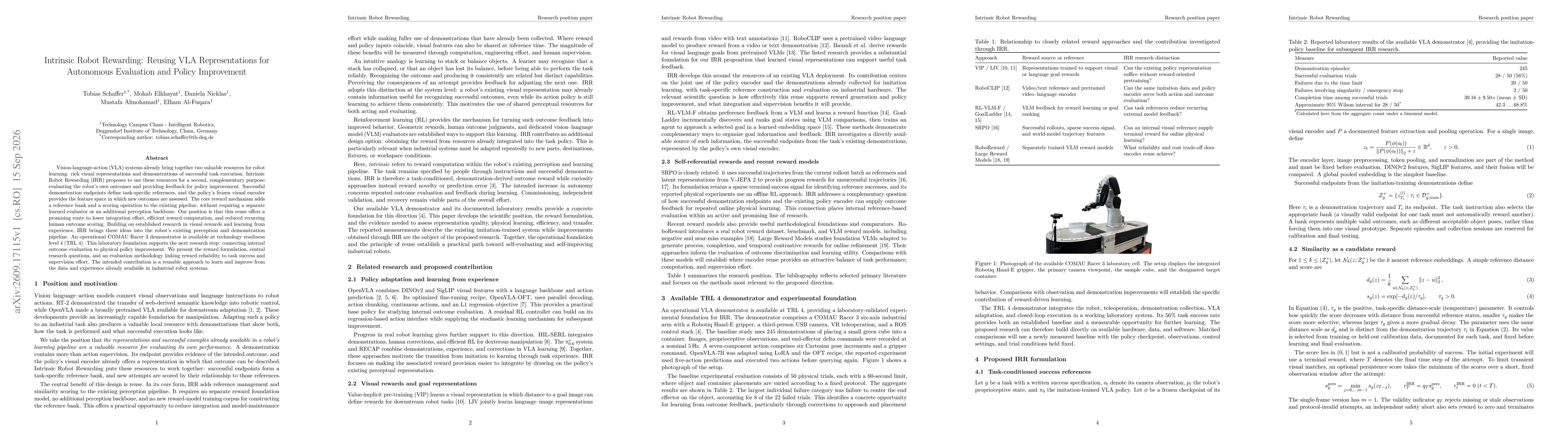 Thumbnail for Intrinsic Robot Rewarding: Reusing VLA Representations for Autonomous Evaluation and Policy Improvement