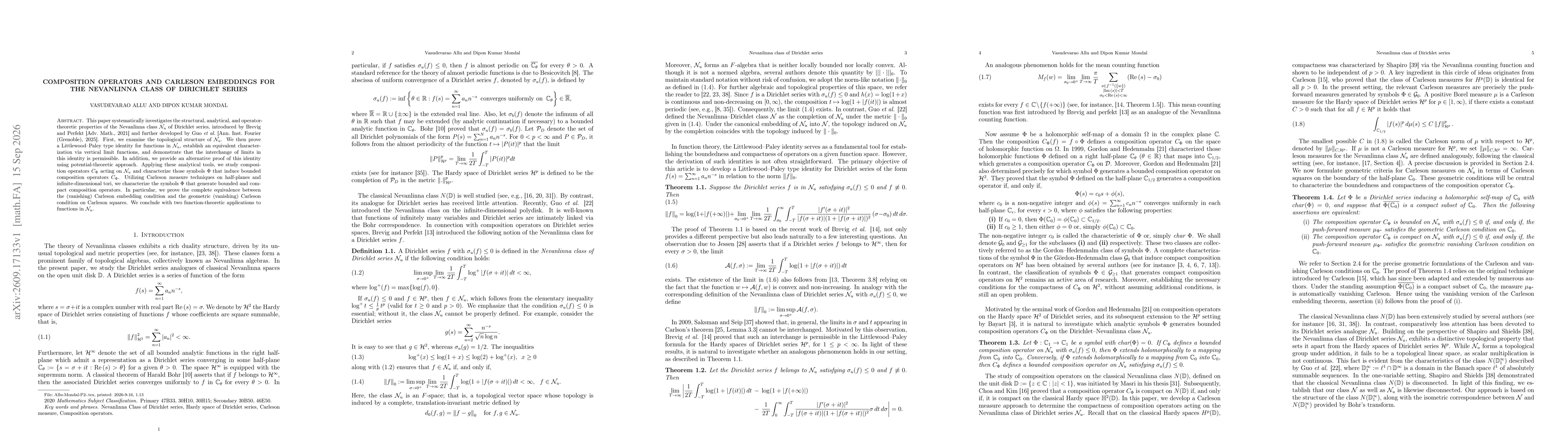 Thumbnail for Composition operators and Carleson embeddings for the Nevanlinna class of Dirichlet series