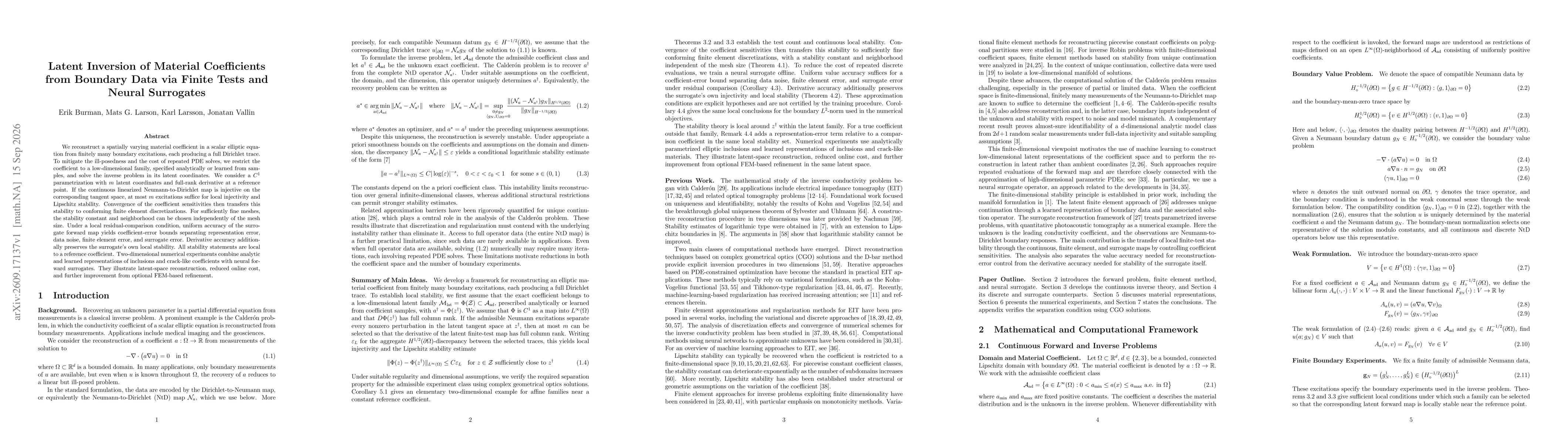 Thumbnail for Latent Inversion of Material Coefficients from Boundary Data via Finite Tests and Neural Surrogates