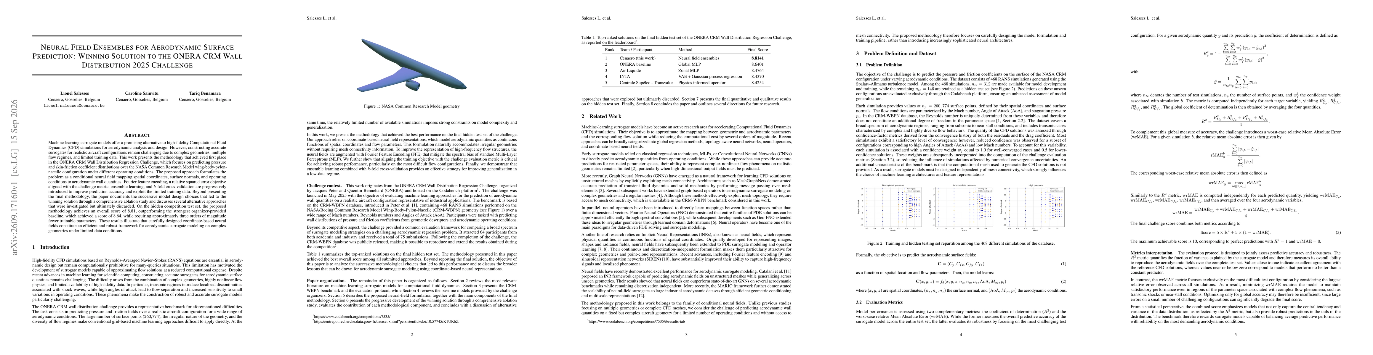 Thumbnail for Neural Field Ensembles for Aerodynamic Surface Prediction: Winning Solution to the ONERA CRM Wall Distribution 2025 Challenge