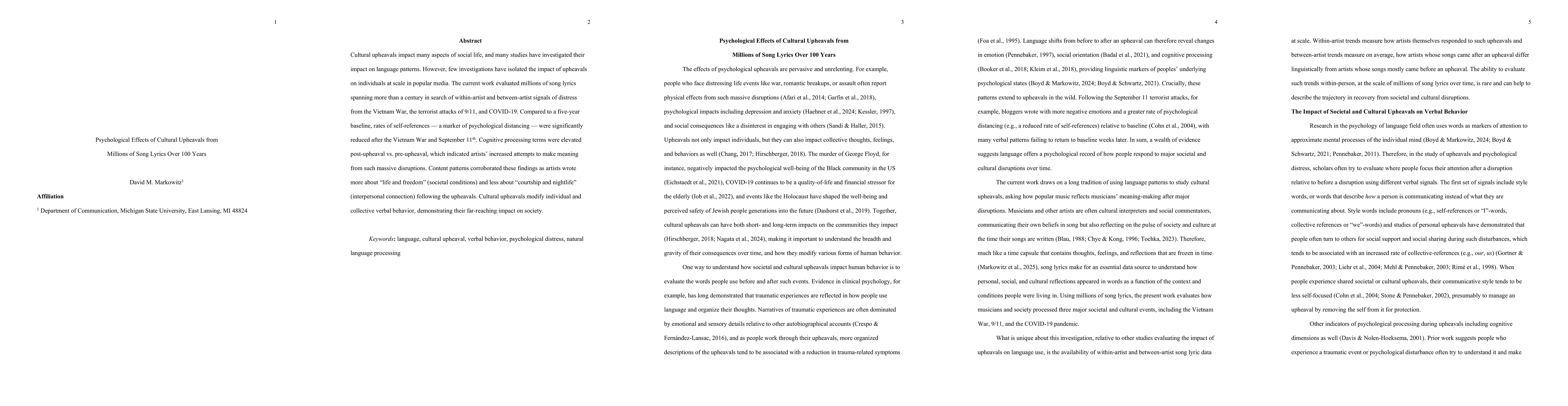 Thumbnail for Psychological Effects of Cultural Upheavals from Millions of Song Lyrics Over 100 Years