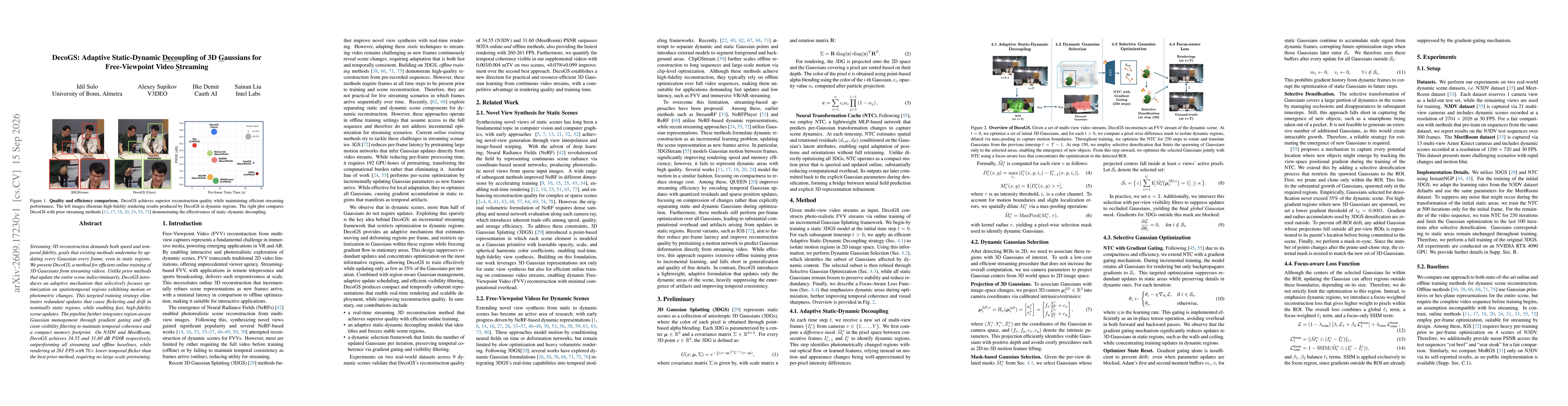 Thumbnail for DecoGS: Adaptive Static-Dynamic Decoupling of 3D Gaussians for Free-Viewpoint Video Streaming