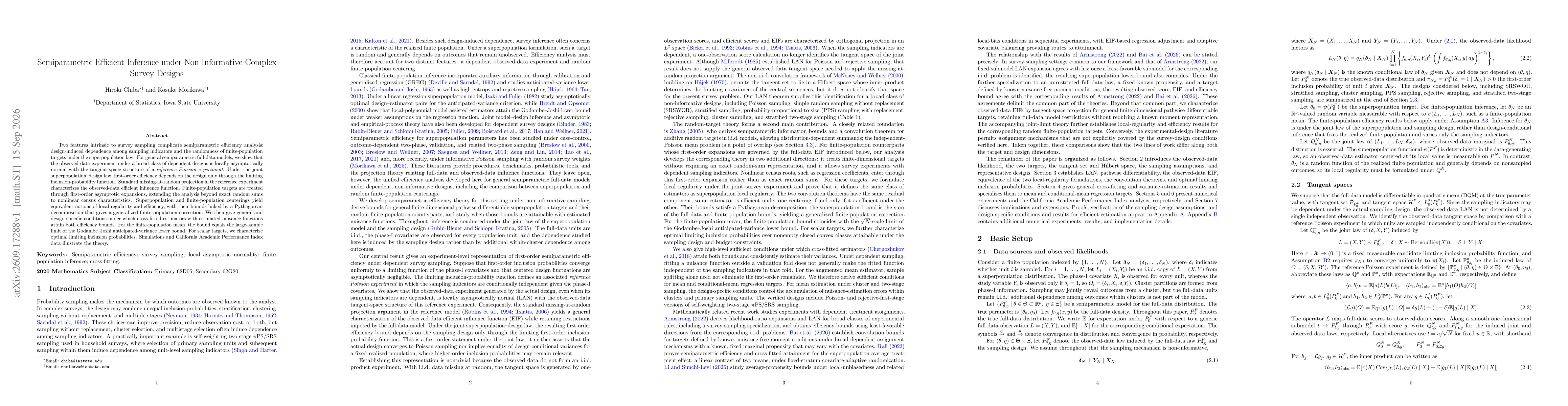 Thumbnail for Semiparametric Efficient Inference under Non-Informative Complex Survey Designs