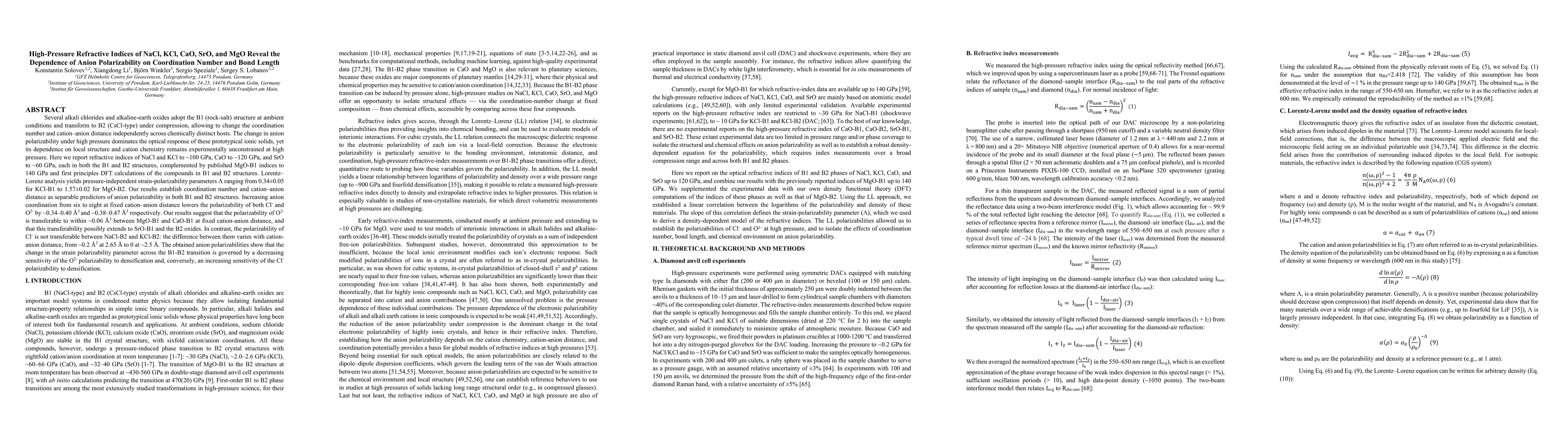 Thumbnail for High-Pressure Refractive Indices of NaCl, KCl, CaO, SrO, and MgO Reveal the Dependence of Anion Polarizability on Coordination Number and Bond Length