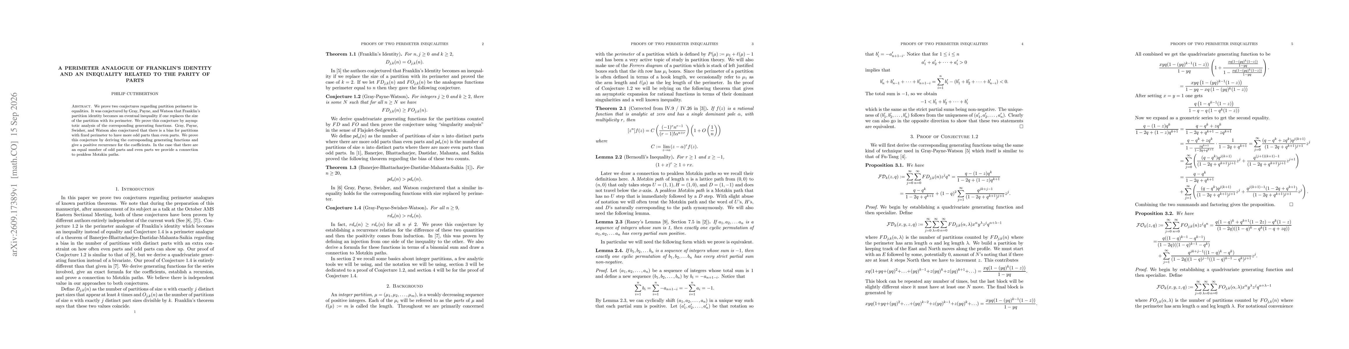 Thumbnail for A perimeter analogue of Franklin's identity and an inequality related to the parity of parts