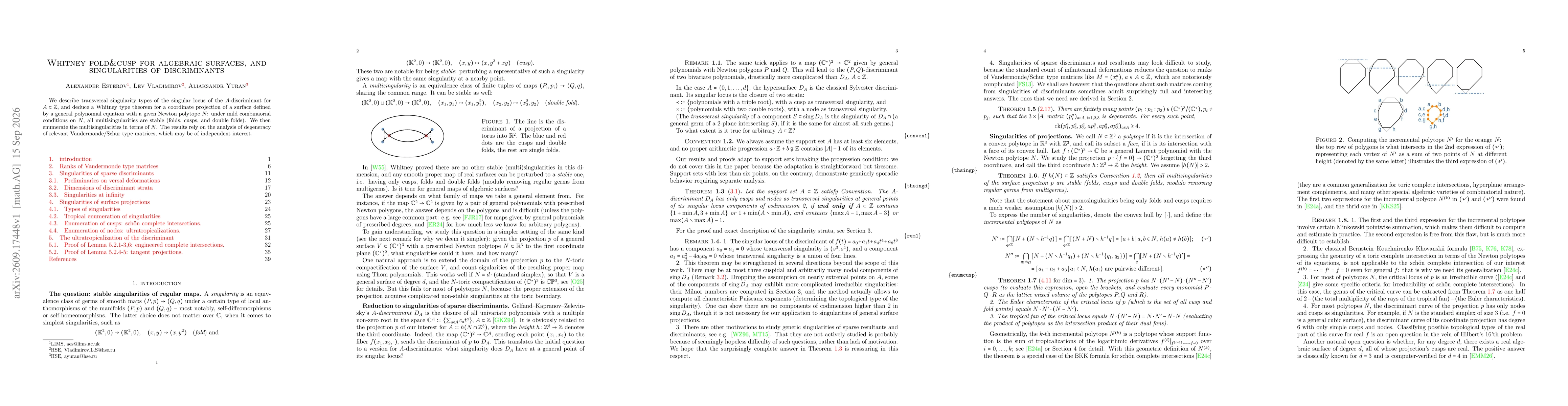 Thumbnail for Whitney fold and cusp for algebraic surfaces, and singularities of discriminants