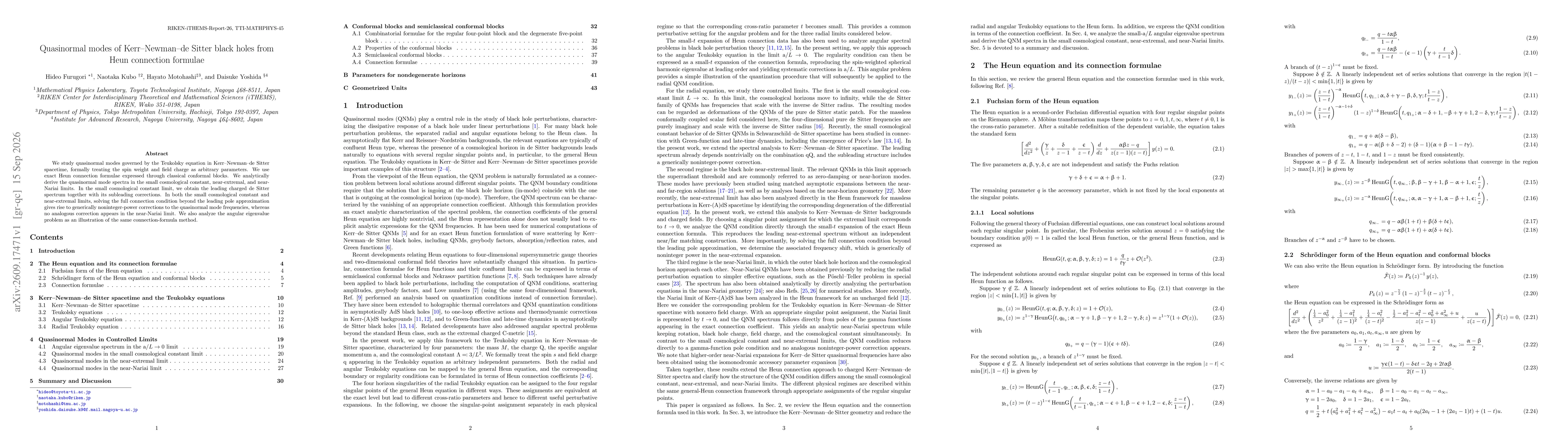 Thumbnail for Quasinormal modes of Kerr-Newman-de Sitter black holes from Heun connection formulae