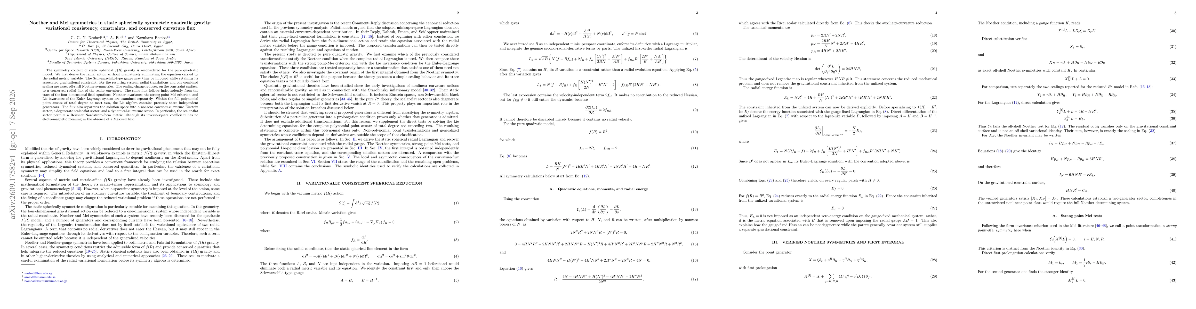 Thumbnail for Noether and Mei symmetries in static spherically symmetric quadratic gravity: variational consistency, constraints, and conserved curvature flux