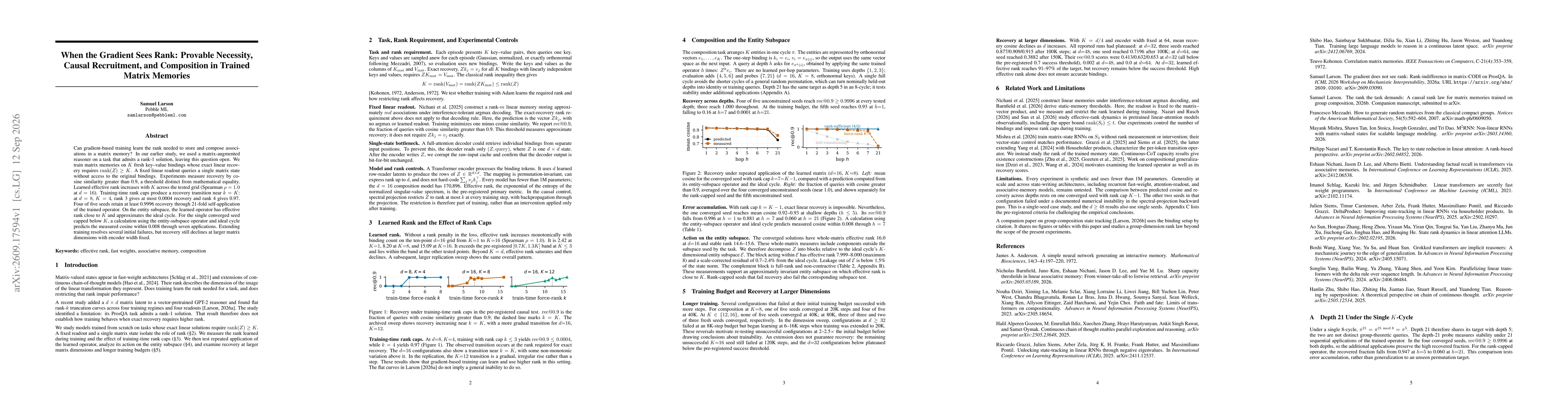 Thumbnail for When the Gradient Sees Rank: Provable Necessity, Causal Recruitment, and Composition in Trained Matrix Memories