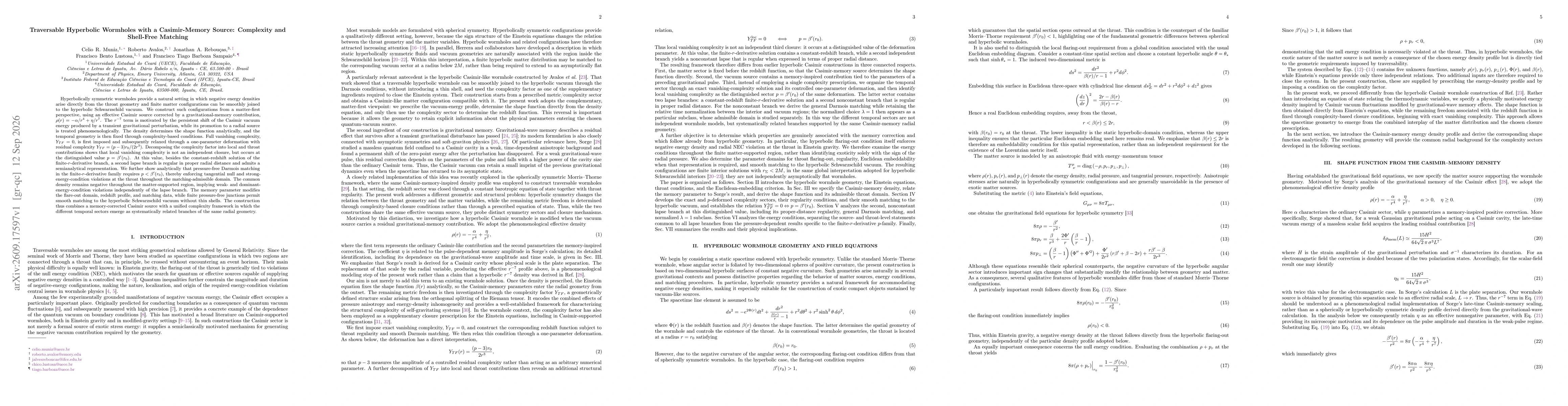 Thumbnail for Traversable Hyperbolic Wormholes with a Casimir-Memory Source: Complexity and Shell-Free Matching
