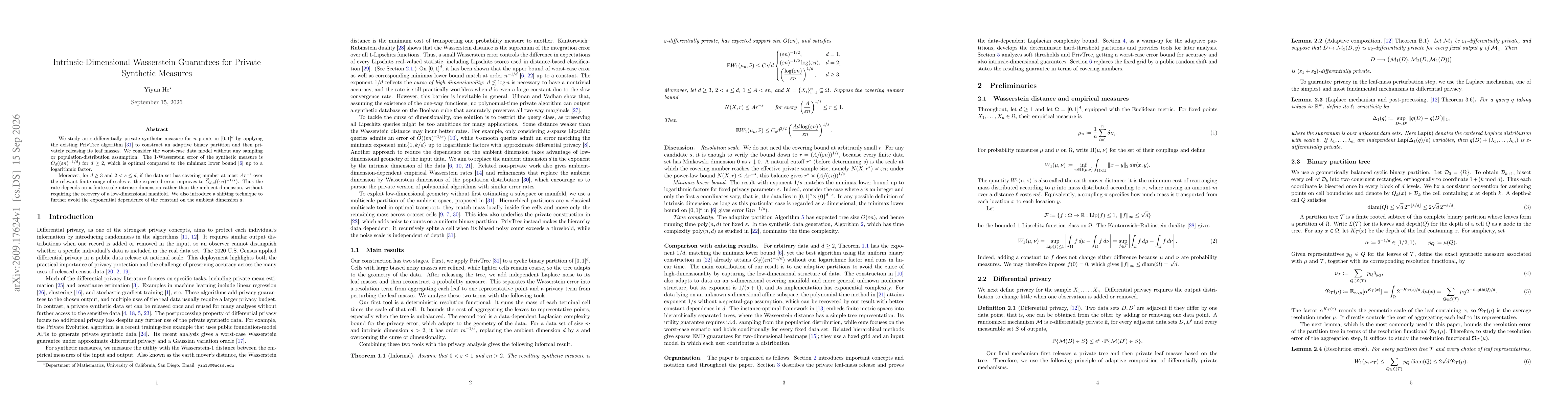 Thumbnail for Intrinsic-Dimensional Wasserstein Guarantees for Private Synthetic Measures