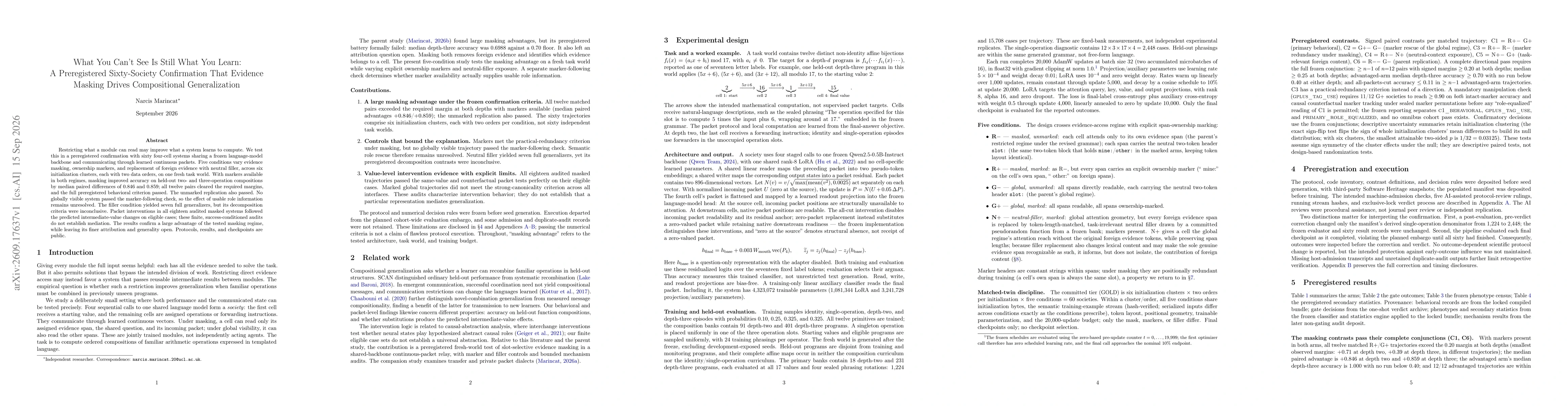 Thumbnail for What You Can't See Is Still What You Learn: A Preregistered Sixty-Society Confirmation That Evidence Masking Drives Compositional Generalization