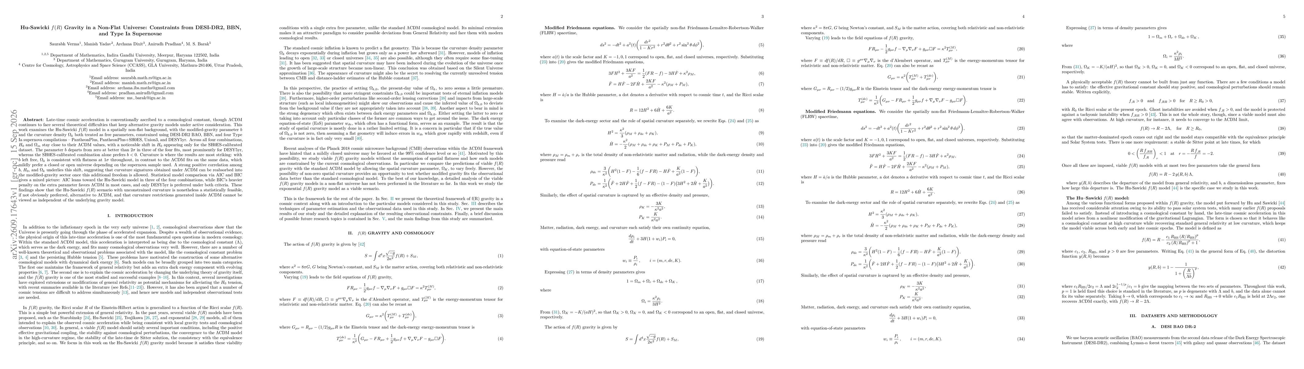 Thumbnail for Hu-Sawicki $f(R)$ Gravity in a Non-Flat Universe: Constraints from DESI-DR2, BBN, and Type Ia Supernovae