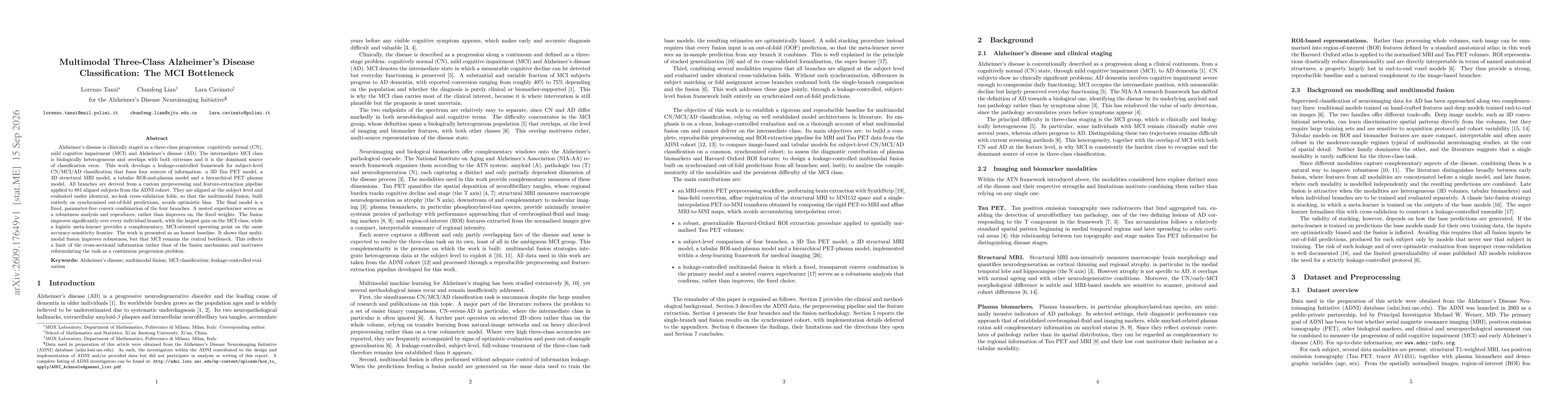 Thumbnail for Multimodal Three-Class Alzheimer's Disease Classification: The MCI Bottleneck