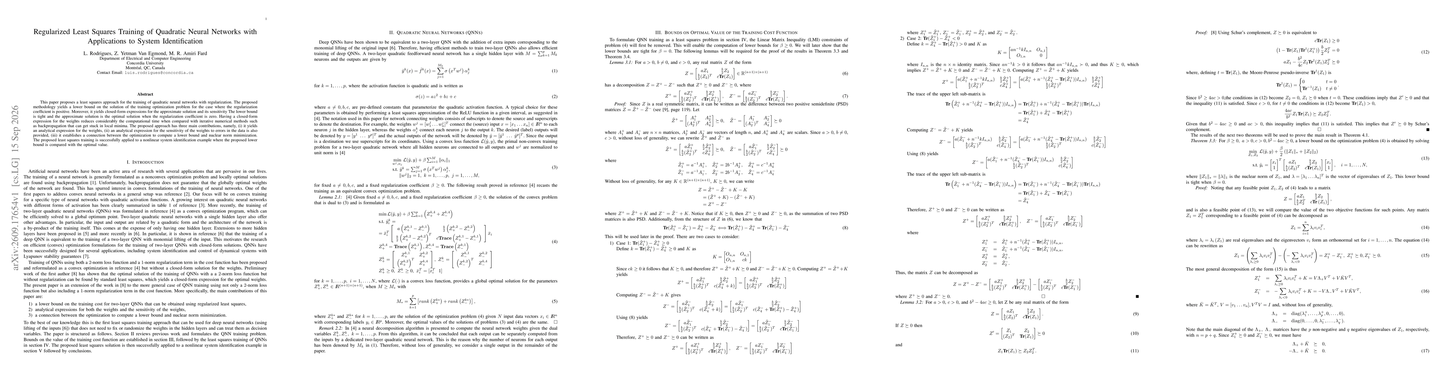 Thumbnail for Regularized Least Squares Training of Quadratic Neural Networks with Applications to System Identification