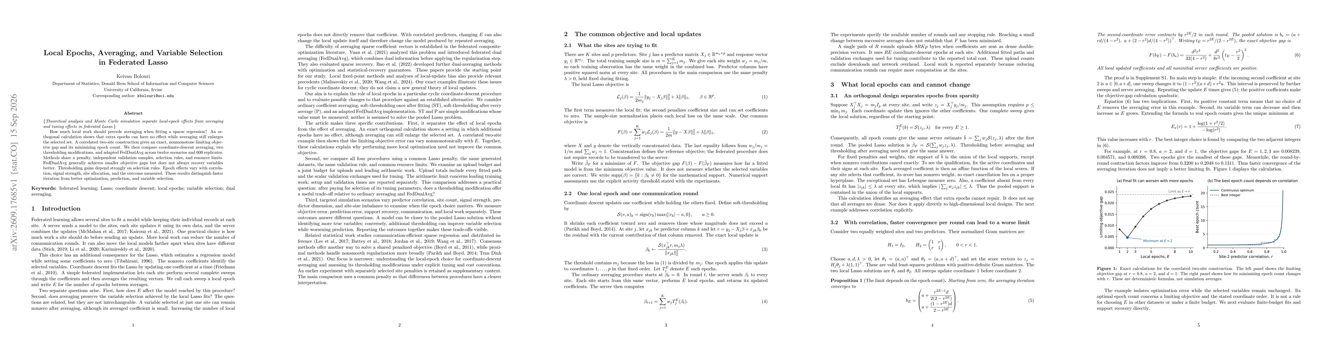 Thumbnail for Local Epochs, Averaging, and Variable Selection in Federated Lasso