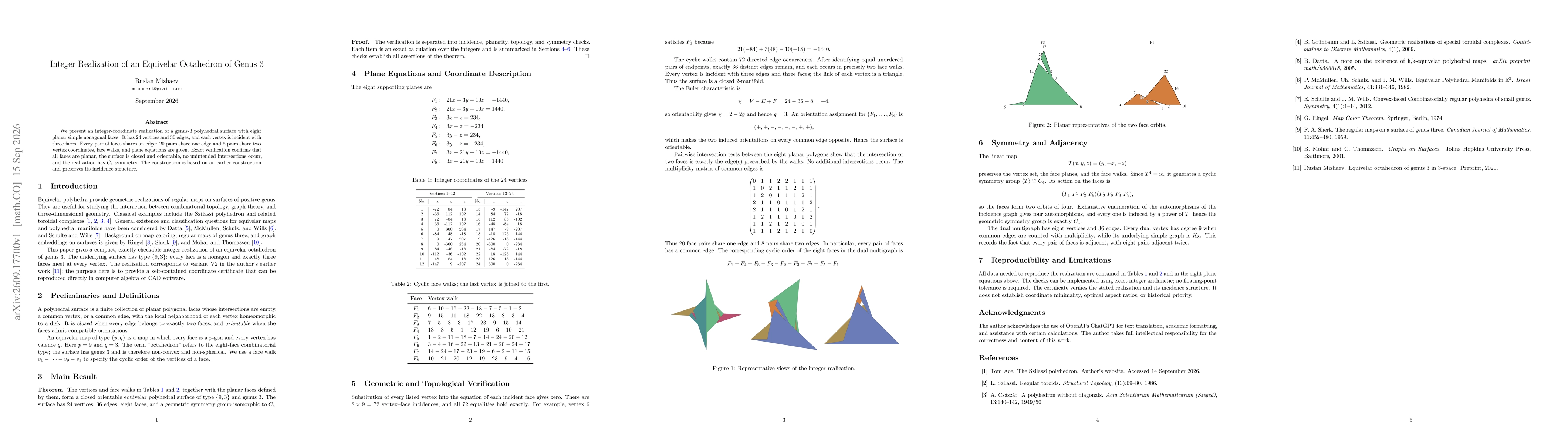 Thumbnail for Integer Realization of an Equivelar Octahedron of Genus 3