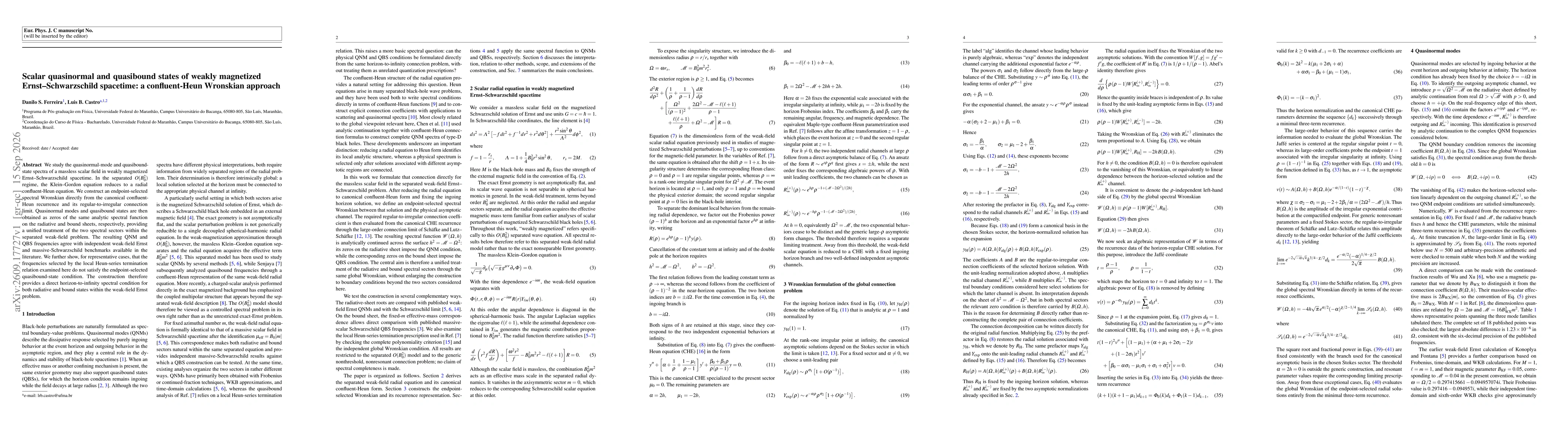 Thumbnail for Scalar quasinormal and quasibound states of weakly magnetized Ernst--Schwarzschild spacetime: a confluent-Heun Wronskian approach