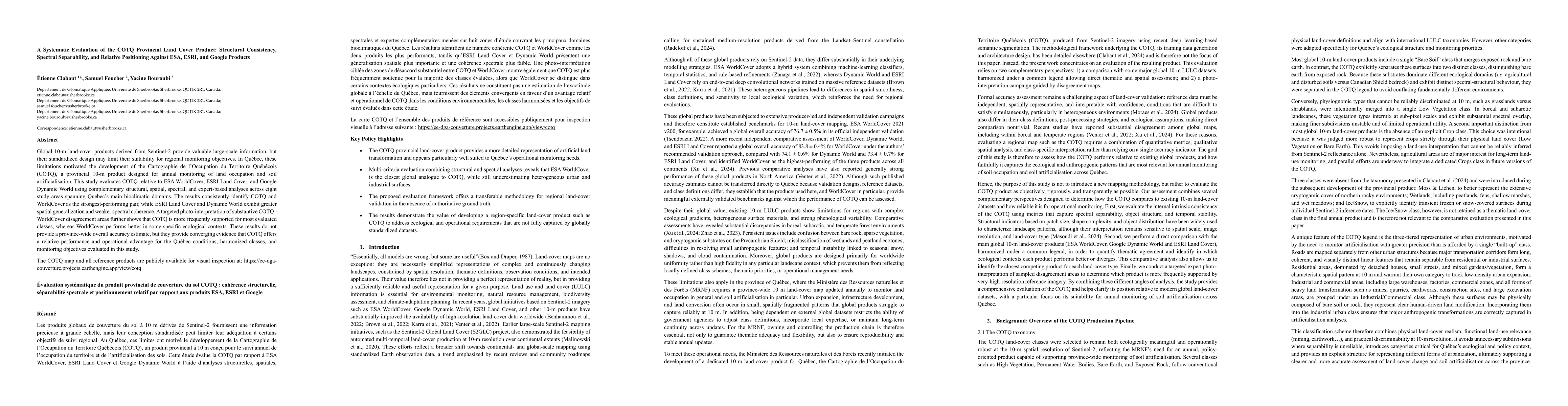 Thumbnail for A Systematic Evaluation of the COTQ Provincial Land Cover Product: Structural Consistency, Spectral Separability, and Relative Positioning Against ESA, ESRI, and Google Products