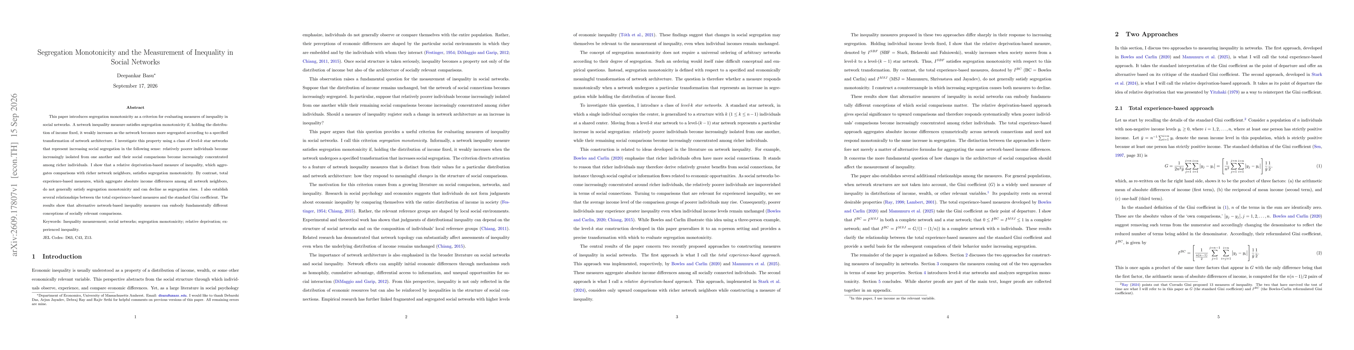 Thumbnail for Segregation Monotonicity and the Measurement of Inequality in Social Networks
