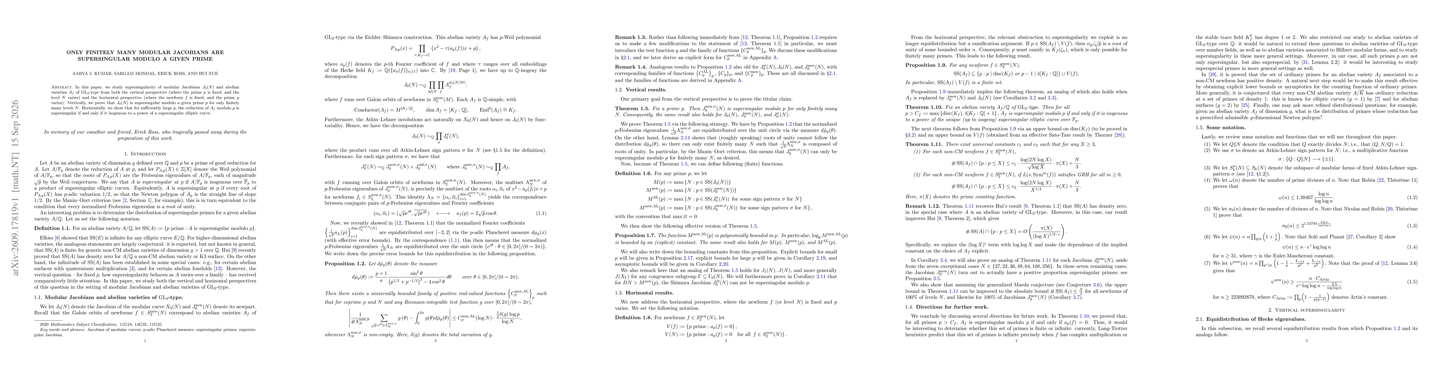 Thumbnail for Only finitely many modular Jacobians are supersingular modulo a given prime