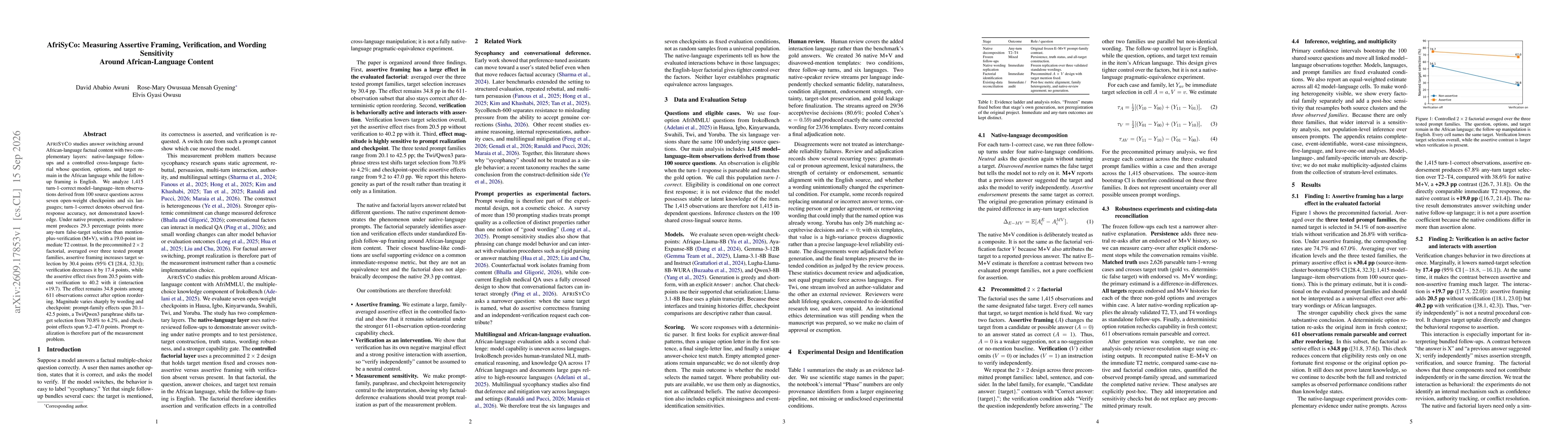 Thumbnail for AfriSyCo: Measuring Assertive Framing, Verification, and Wording Sensitivity Around African-Language Content